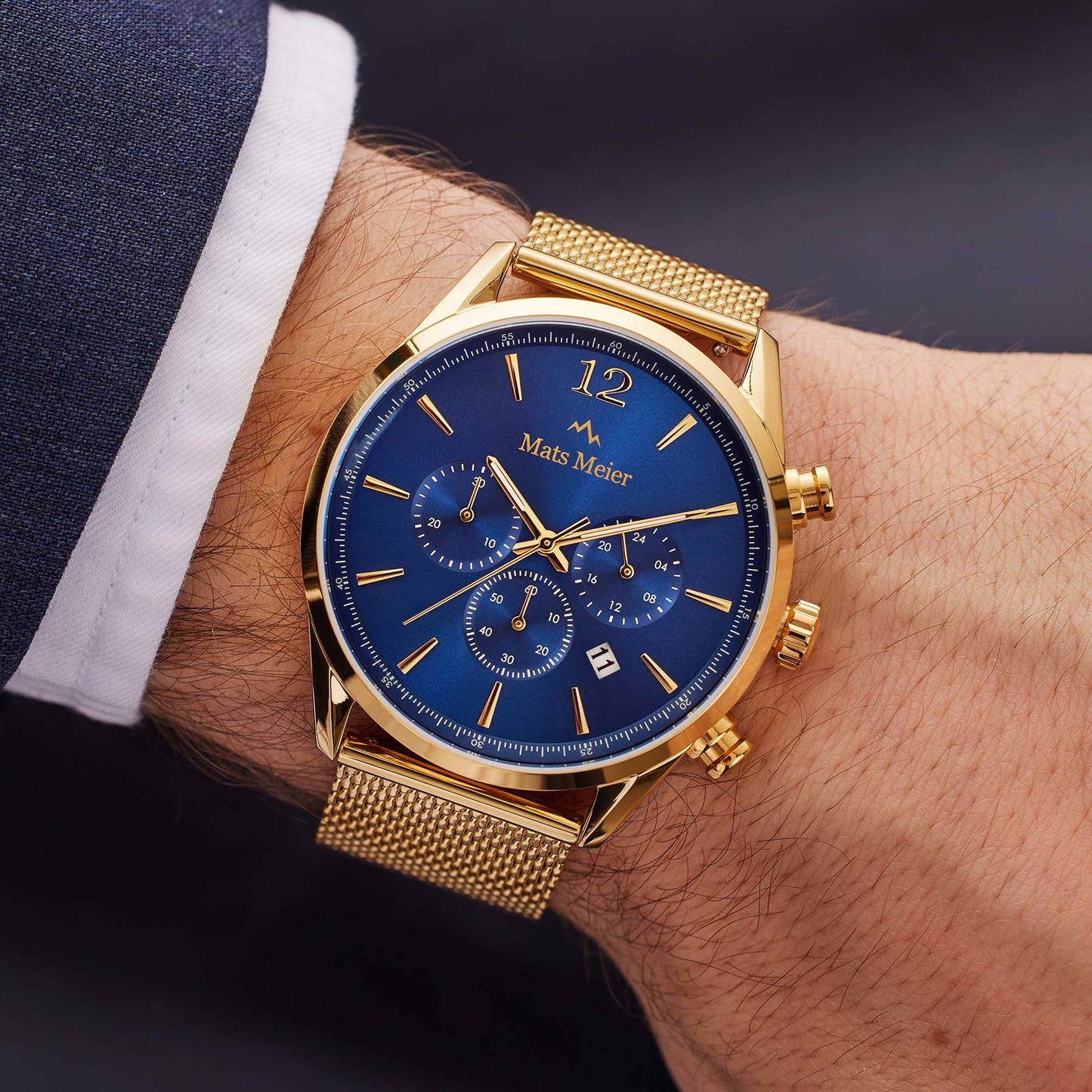 Grand Cornier chronograaf mesh herenhorloge goudkleurig en blauw