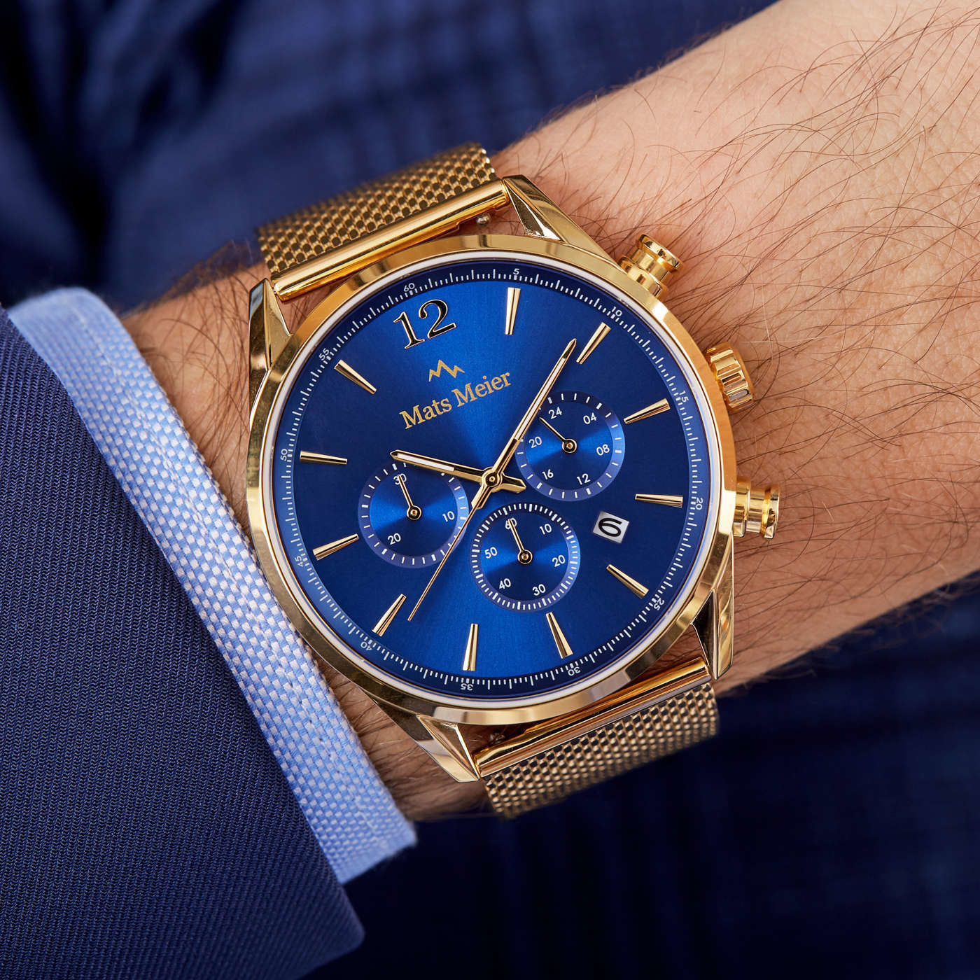 Grand Cornier chronograaf mesh herenhorloge goudkleurig en blauw